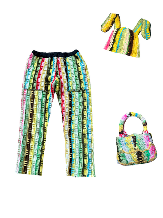 CROCHET PANTS/BEANIE/BAG SET